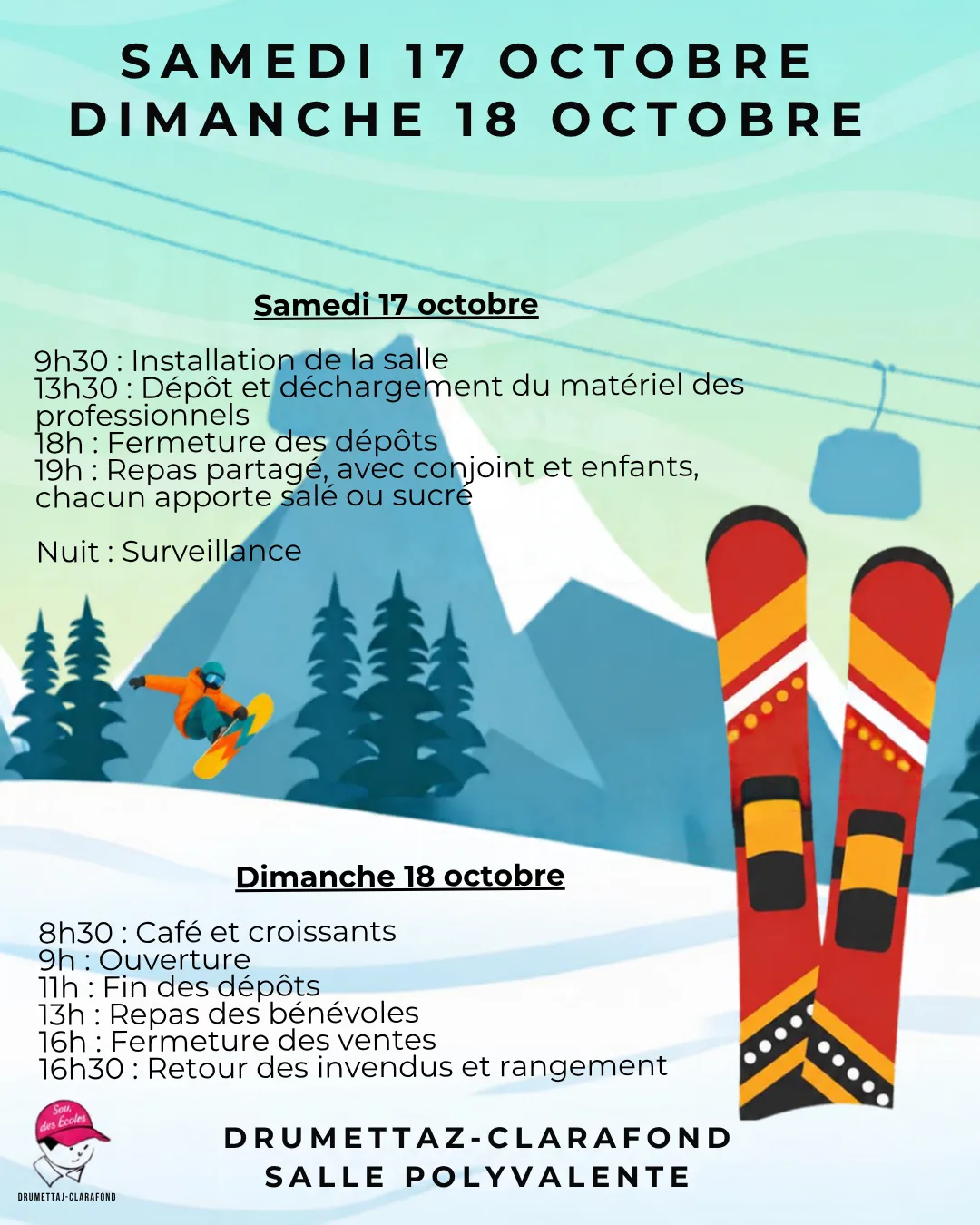 Affiche de la bourse au ski du Sou des Écoles de Drumettaz-Clarafond